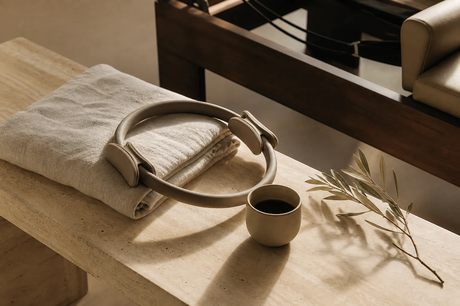 A Pilates ring, linen towel and coffee in warm studio light